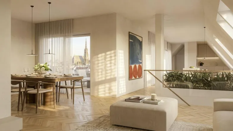 Helles Wohn- und Esszimmer mit Holzboden, moderner Einrichtung und Blick auf die Stadt.
