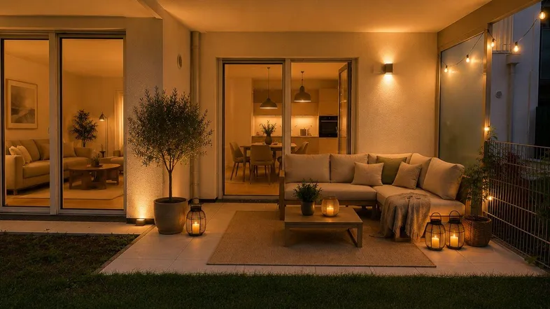 Gemütliche, beleuchtete Terrasse mit bequemen Outdoor-Möbeln und Blick in den Wohnbereich.
