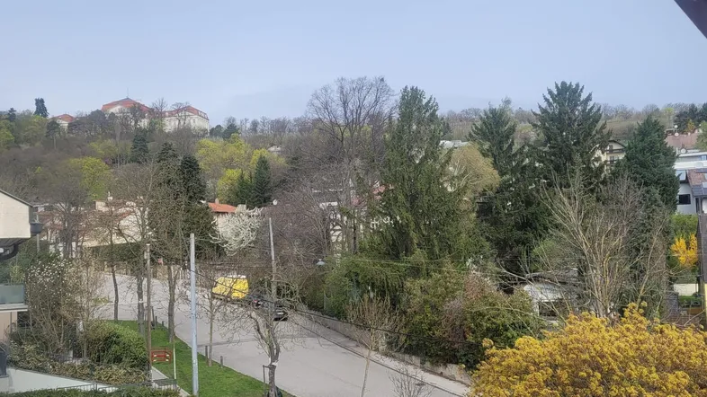 Blick auf die grüne Umgebung mit Bäumen und einem historischen Gebäude auf einem Hügel.