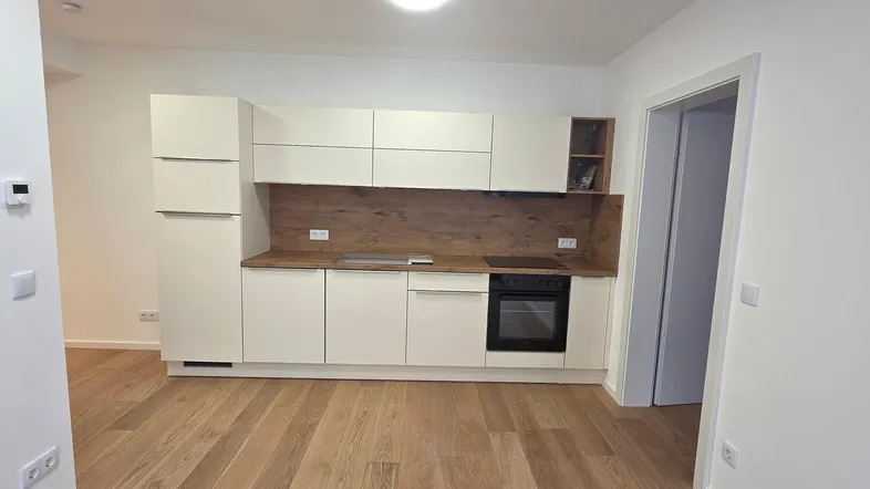 Moderne Einbauküche mit hellen Fronten, Holzakzenten und integrierten Geräten in neuwertigem Zustand.