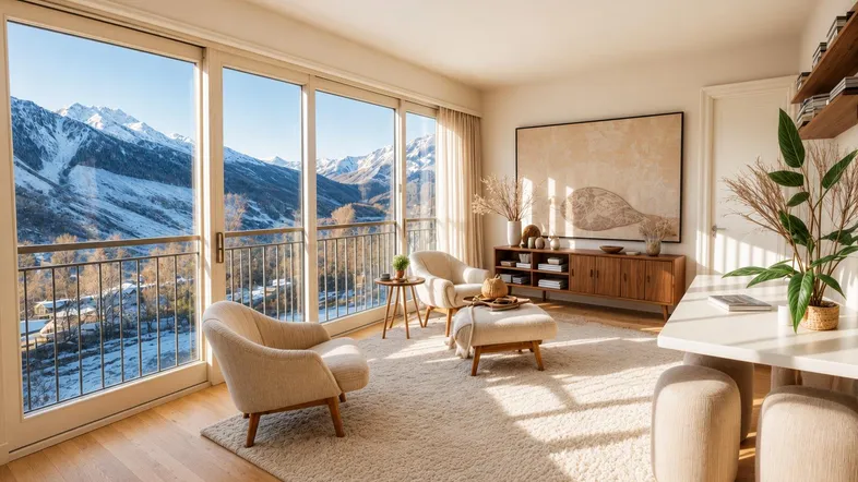 Helles Wohnzimmer mit großen Fenstern, Bergblick und modernem Design, das viel natürliches Licht hereinlässt.