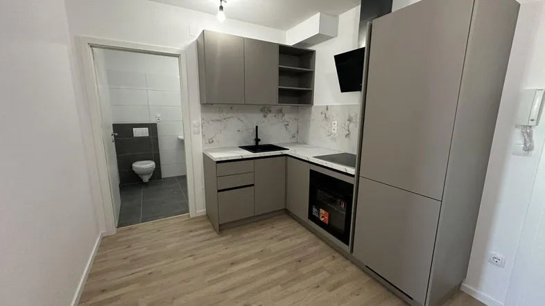 Moderne Küchenzeile in Grau mit integrierten Geräten und Blick auf ein separates Gäste-WC.