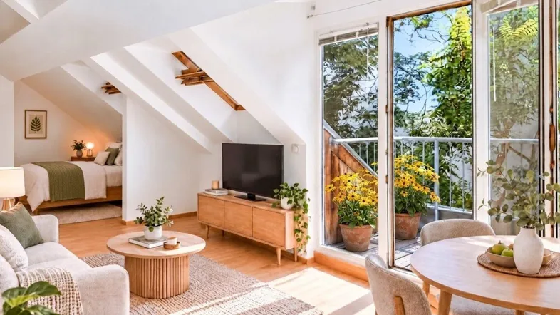 Helles Dachgeschoss-Apartment mit offenem Wohn-Essbereich, Holzboden und Zugang zum Balkon.