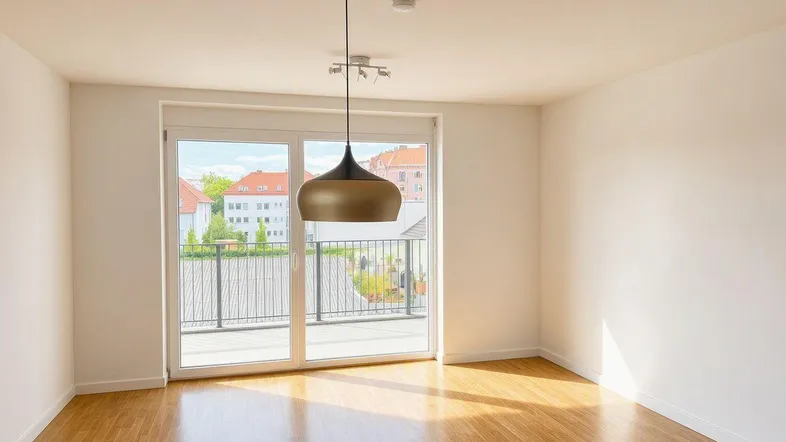 Helles Zimmer mit Holzboden und Zugang zu einem Balkon, ideal als Wohn- oder Schlafbereich.