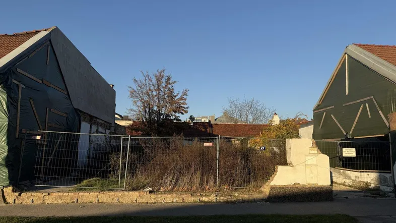 Überwuchertes Grundstück zwischen zwei teilweise verkleideten Gebäuden unter blauem Himmel.