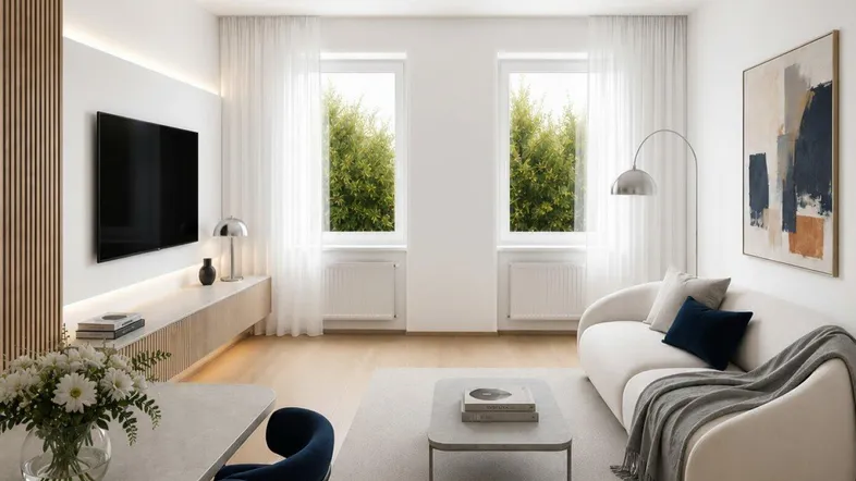 Modernes Wohnzimmer mit hellem Parkettboden, bequemer Couch, Fernseher und Essbereich. Große Fenster sorgen für viel Tageslicht.