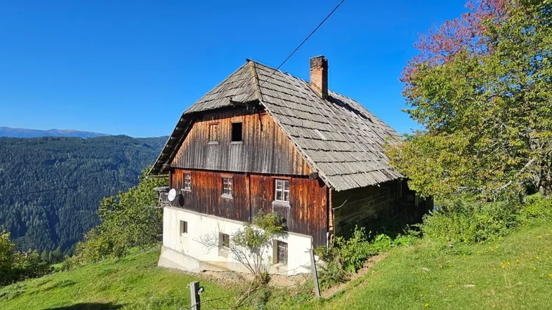 Altes Holzhaus mit traditionellem Schindeldach und Bergblick in ländlicher Umgebung.