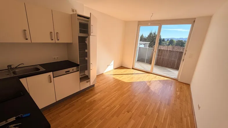 Heller Wohn- und Essbereich mit integrierter Küchenzeile, Parkettboden und Zugang zum Balkon.
