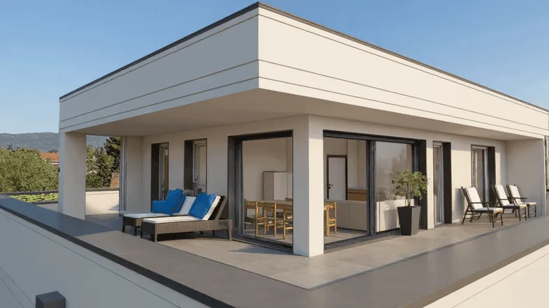 Moderne Penthouse-Wohnung mit großer Dachterrasse, Liegestühlen und Essbereich im Freien.