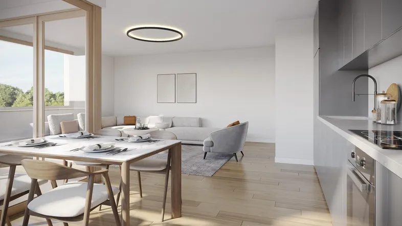 Heller offener Wohn- und Essbereich mit moderner Einrichtung, Holzboden und Zugang zu einem Balkon.