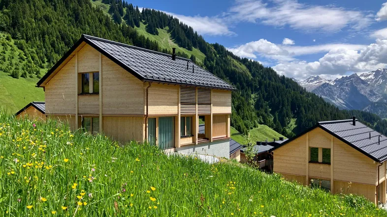 Moderne Holzhäuser in alpiner Landschaft mit grünen Wiesen und Bergblick unter blauem Himmel.
