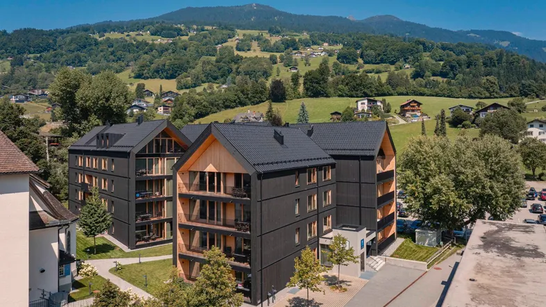 Moderne Gebäude mit dunkler Fassade und Holzdetails vor einer malerischen Berglandschaft.