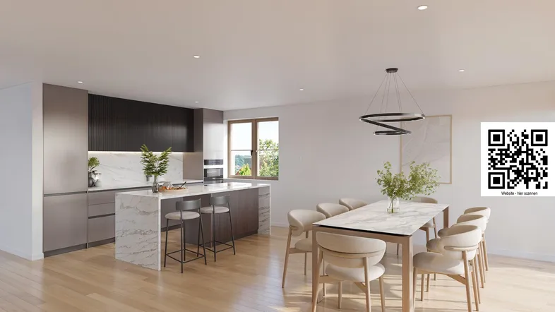 Moderne offene Küche mit Essbereich, Kücheninsel und hellen Holzböden in einem Rendering.
