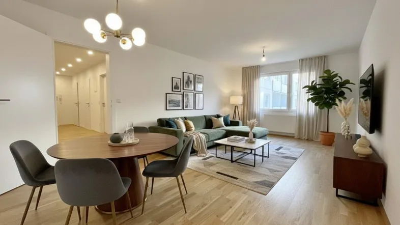 Heller Wohn- und Essbereich mit modernem Design, Holzboden und stilvoller Beleuchtung.