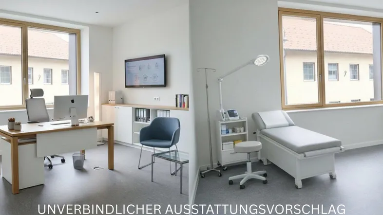 Zwei Bereiche eines modernen Gewerberaums, einmal als Büro und einmal als Untersuchungszimmer eingerichtet, mit großen Fenstern und viel Tageslicht.