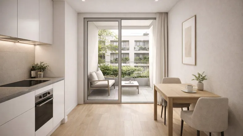 Moderne Wohnküche mit integrierten Geräten, Essbereich und direktem Zugang zum Balkon.