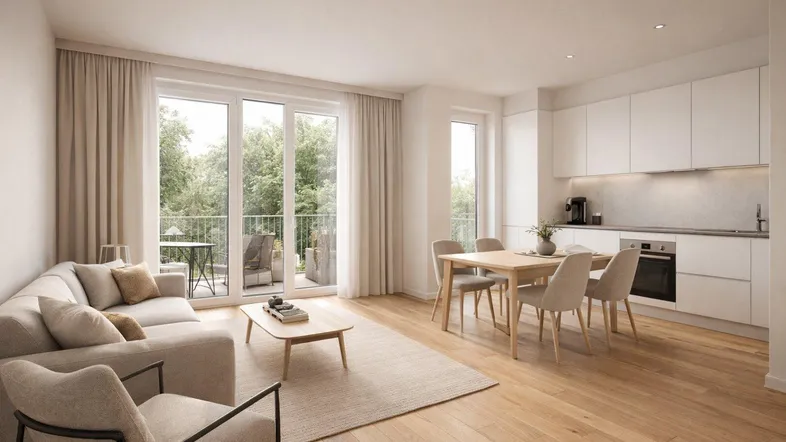 Helles, offenes Wohnzimmer mit integrierter Küche, Essbereich und Zugang zu einem Balkon mit Grünblick.