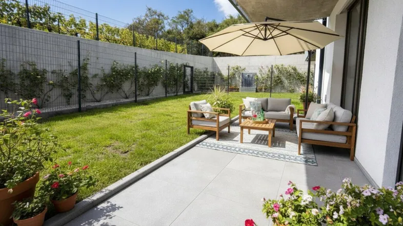 Große Terrasse mit modernen Gartenmöbeln, Sonnenschirm und angrenzendem Rasenbereich, umgeben von einer Mauer.