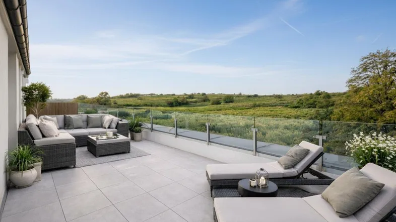 Geräumige Dachterrasse mit modernen Lounge-Möbeln und Liegestühlen, bietet einen weiten Blick ins Grüne.