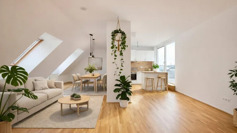 Helles, offenes Dachgeschoss-Wohnzimmer mit Essbereich, moderner Küche und Dachfenstern.