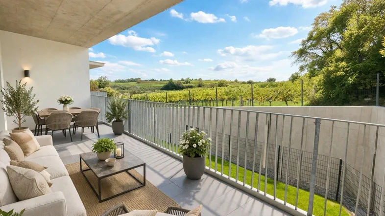 Geräumige Terrasse mit modernen Gartenmöbeln und malerischem Blick auf die Weinberge.