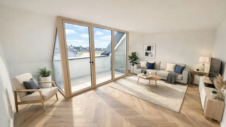 Helles Wohnzimmer mit modernem Design, Holzboden und Zugang zu einem kleinen Balkon.
