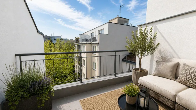 Möblierter Balkon mit Blick auf die Stadt und umliegende Gebäude, ideal zum Entspannen im Freien.
