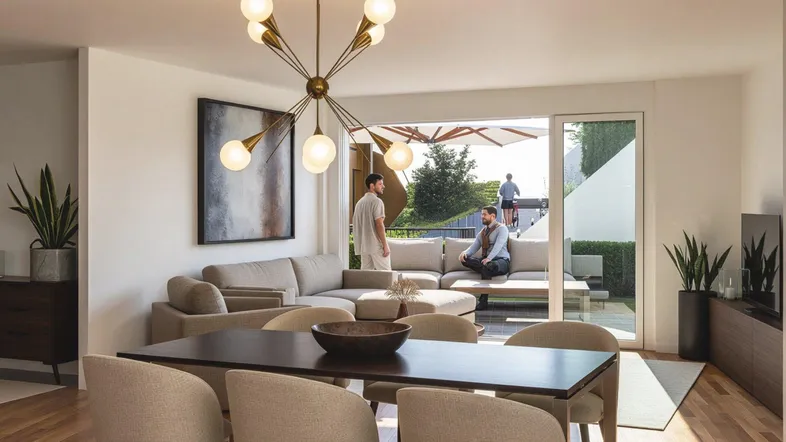 Heller, offener Wohn- und Essbereich mit Zugang zu einer großzügigen Terrasse und modernem Design.