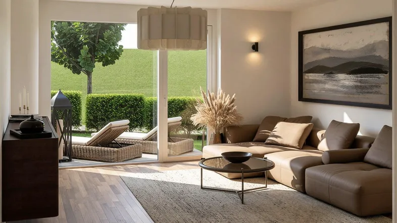 Helles Wohnzimmer mit modernem Sofa, Holzboden und direktem Zugang zum grünen Garten.