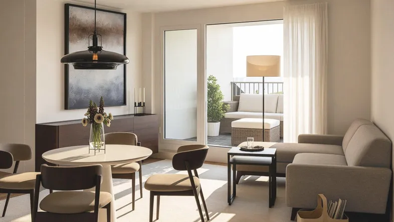 Heller Wohn- und Essbereich mit Zugang zum Balkon, modernem Design und bequemen Möbeln.
