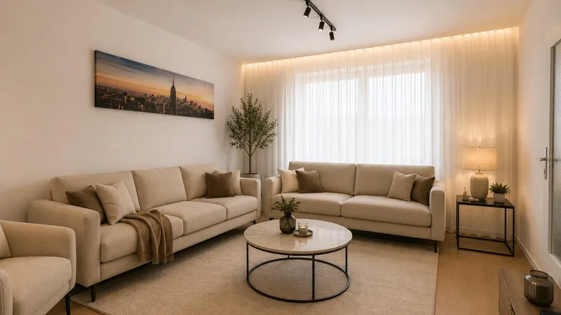 Helles und modern eingerichtetes Wohnzimmer mit beigefarbenen Sofas, Teppich und indirekter Beleuchtung.