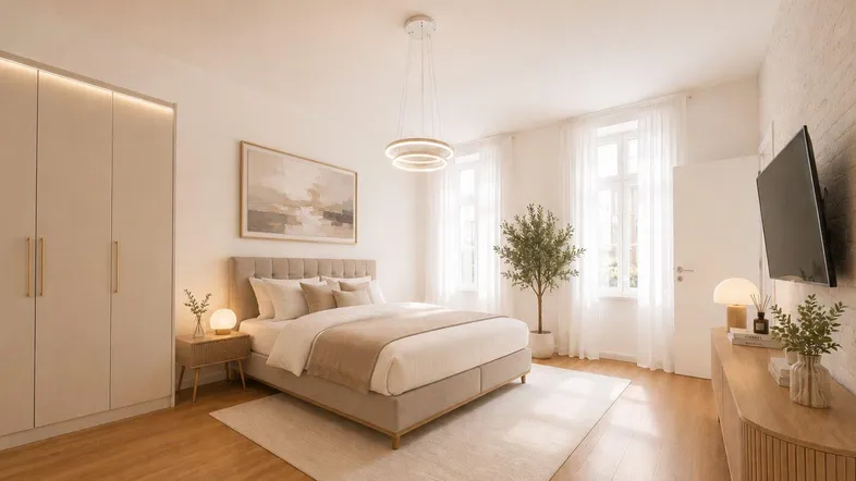 Gemütliches Schlafzimmer mit Doppelbett, Einbauschrank und großen Fenstern für viel Licht.