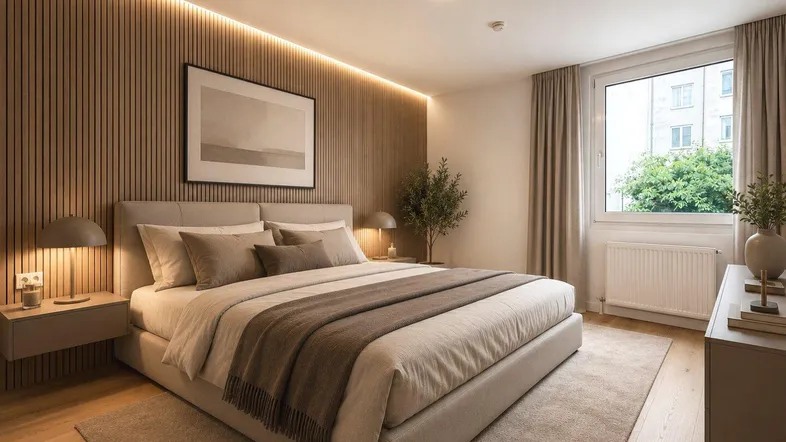 Modernes Schlafzimmer mit Holzwandverkleidung, indirekter Beleuchtung und großem Fenster.