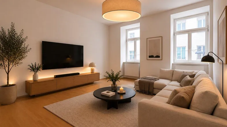 Modernes, helles Wohnzimmer mit Holzboden, großen Fenstern und stilvoller Einrichtung.