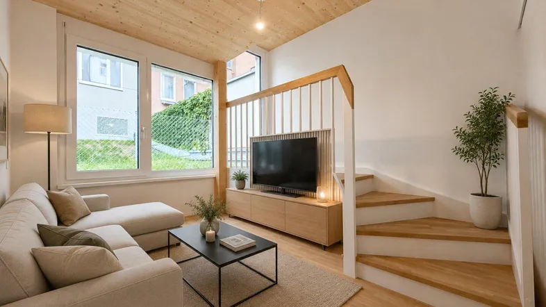 Helles Wohnzimmer mit gemütlichem Sofa, Holzboden und Treppenaufgang, modern eingerichtet.