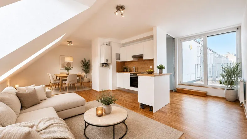 Helles, offenes Wohnzimmer mit integrierter Küche, Essbereich und Zugang zu einem kleinen Balkon.
