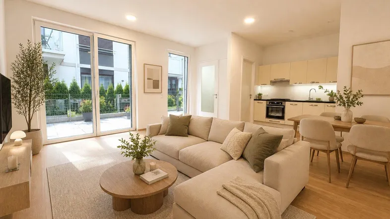 Heller, offener Wohn-Essbereich mit moderner Küche, beigem Sofa und Zugang zur Terrasse.