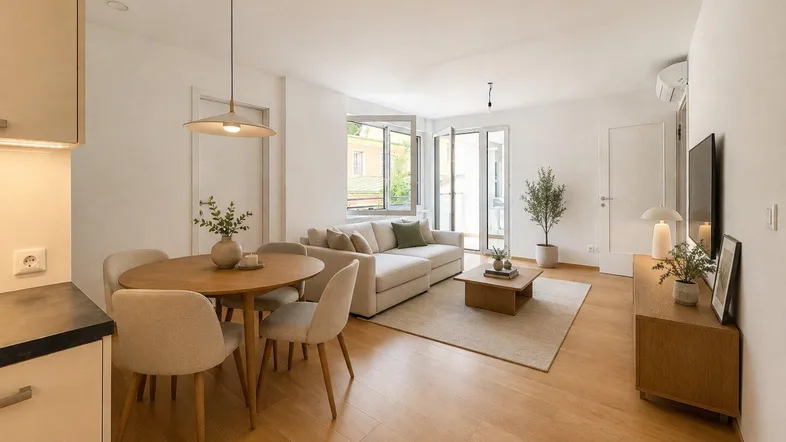 Helles, modern eingerichtetes Wohn- und Esszimmer mit Holzboden und Zugang zu einem Balkon.