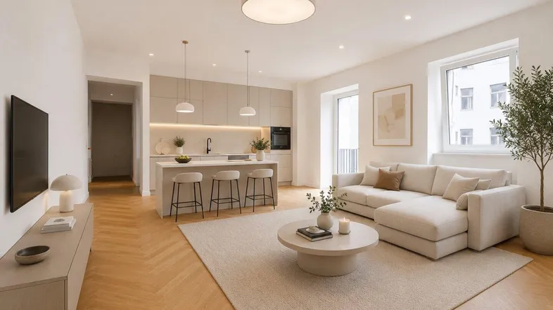 Helles, offenes Wohnzimmer mit integrierter Küche, modernem Design und Fischgrätparkett.
