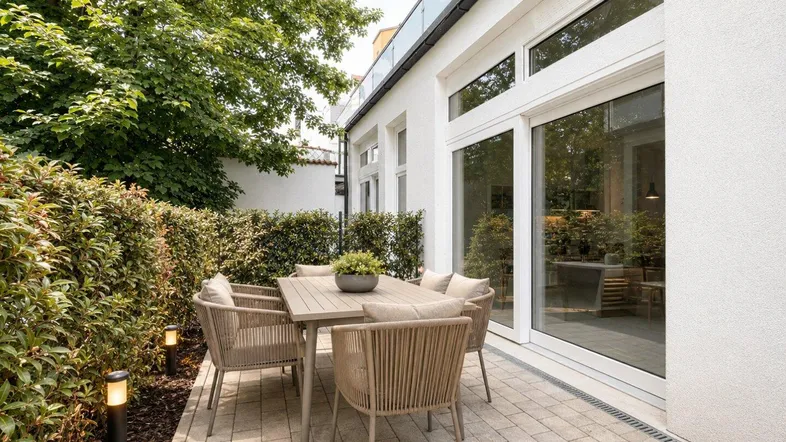 Moderne Terrasse mit Gartenmöbeln, umgeben von grünen Hecken und Bäumen, ideal zum Entspannen im Freien.