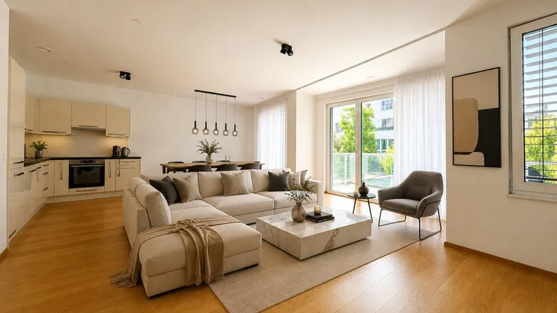 Modernes, offenes Wohnzimmer mit integrierter Küche, Essbereich und Zugang zum Balkon, hell und einladend.