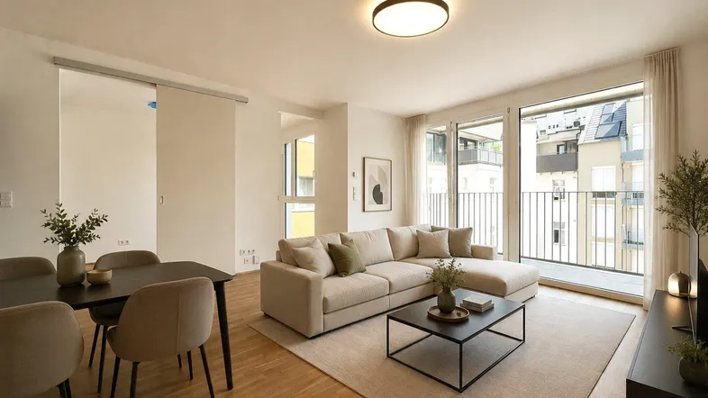 Helles Wohn- und Esszimmer mit modernem Sofa, Esstisch und Zugang zu einem Balkon.