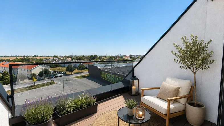 Möblierte Dachterrasse mit Holzboden, Glasgeländer und weitem Blick über die Umgebung.