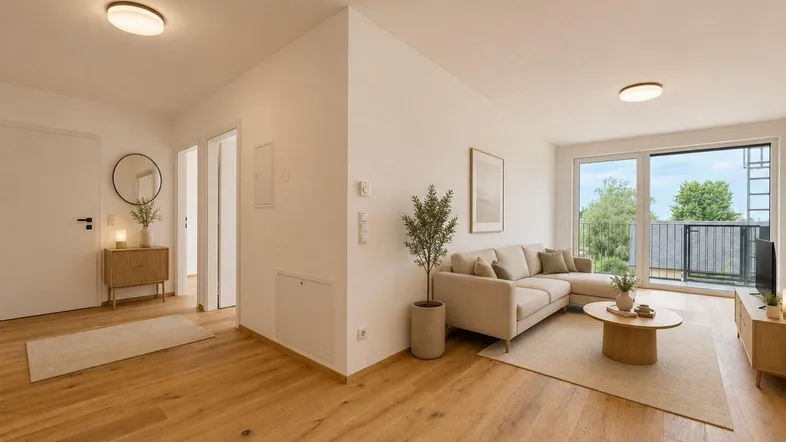 Heller Wohnbereich mit Holzboden und Zugang zum Balkon, verbunden mit einem einladenden Eingangsbereich.