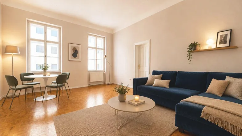 Helles Wohnzimmer mit blauem Sofa, Esstisch und Parkettboden, durch große Fenster lichtdurchflutet.