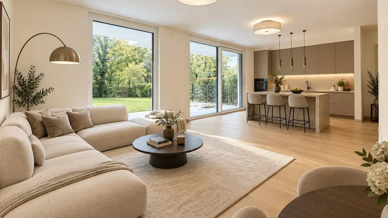 Modernes, offenes Wohnzimmer mit integrierter Küche, großen Fenstern und Blick ins Grüne.