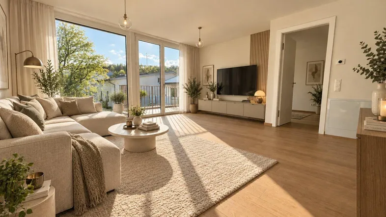 Helles, modern eingerichtetes Wohnzimmer mit großen Fenstern, Holzboden und Zugang zum Balkon.