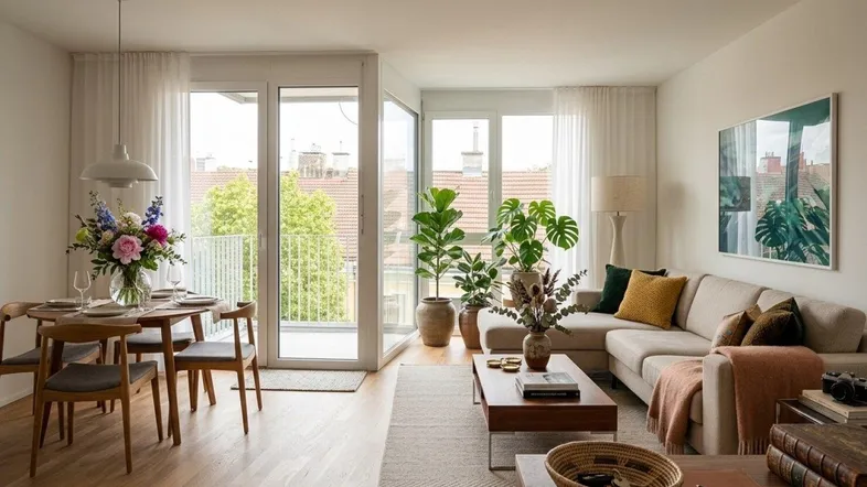 Helles Wohn- und Esszimmer mit Holzboden, Zugang zum Balkon und moderner Einrichtung.