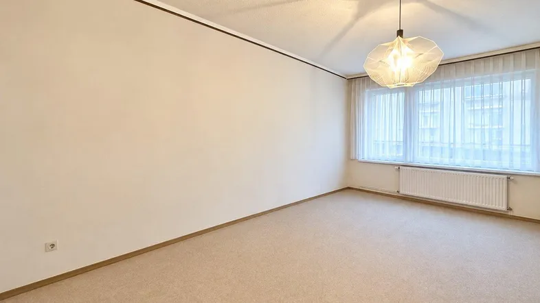 Heller, leerer Wohnraum mit beigem Teppichboden und großen Fenstern, bereit zur individuellen Gestaltung.
