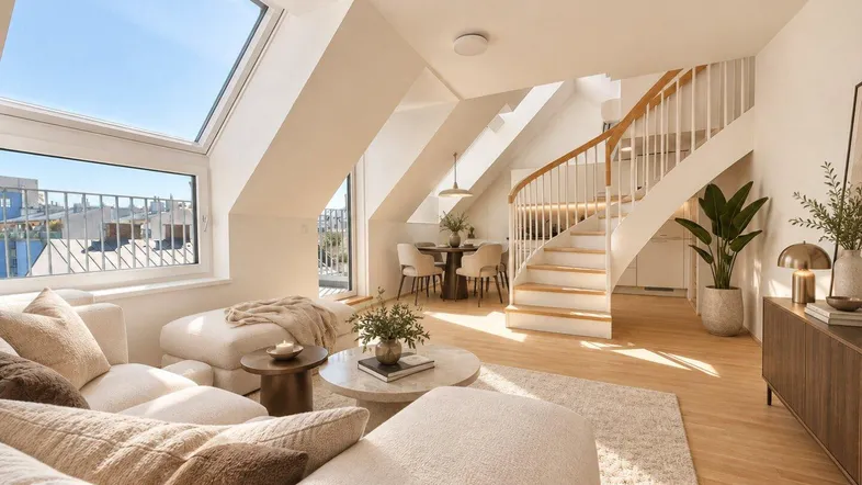 Heller, offener Wohn- und Essbereich mit Dachschrägen, großen Fenstern und einer eleganten Wendeltreppe.